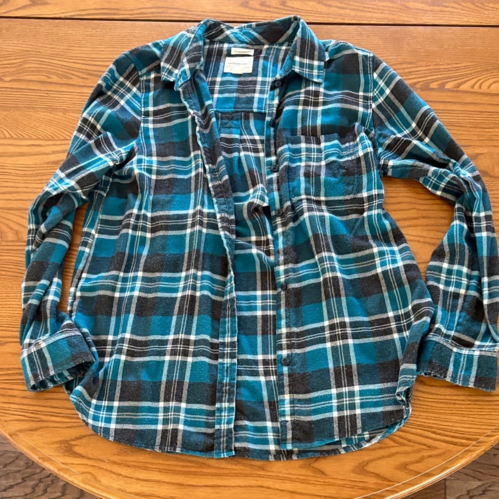 American Eagle Outfitters Plaid Shirt in Teal and Black